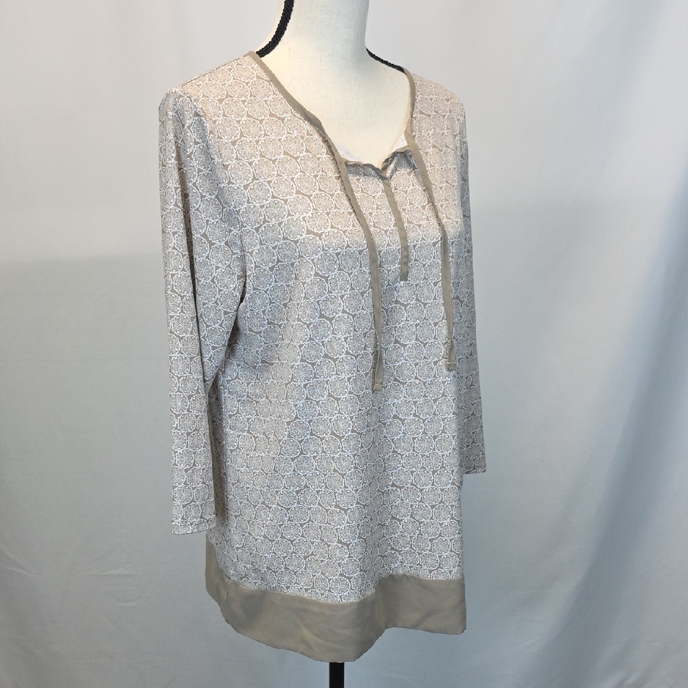 Chico's Beige Patterned Blouse with Tie Neck
